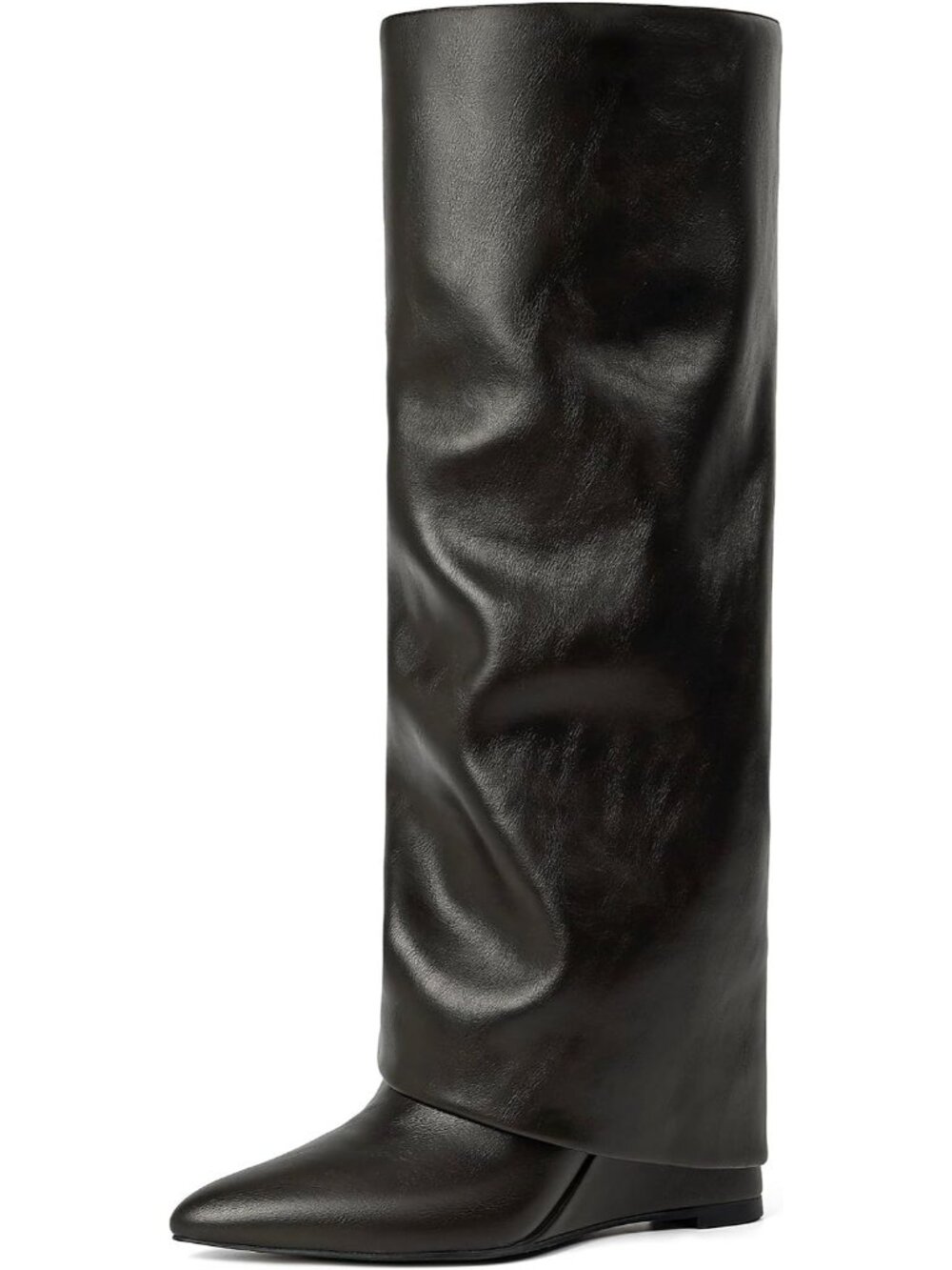 👢Women's Chocolate Pu Knee High Fold Over Boots Wedge Heel Pointed Toe Boots
